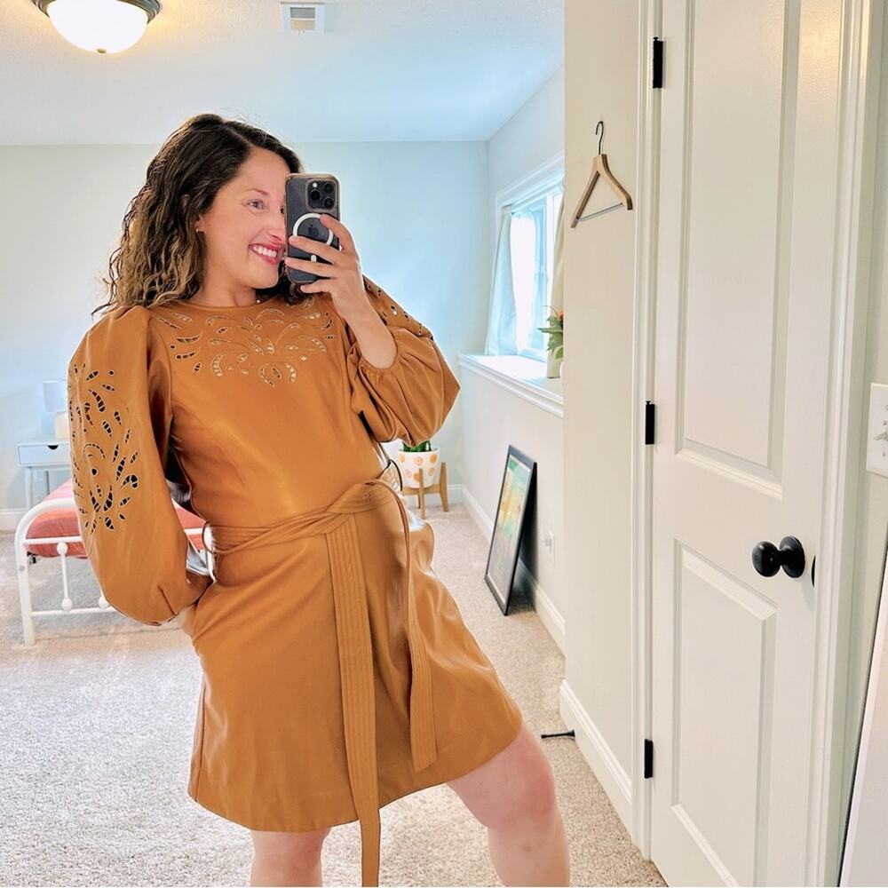 Anthropologie Stellah Brown Faux Leather Eyelet Belted Mini Dress Small